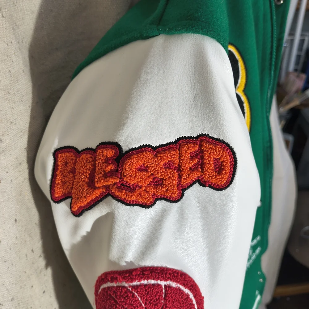Black Pharoah Boy s Varsity Jacket Green & White W/Hood & Graphics / Patches